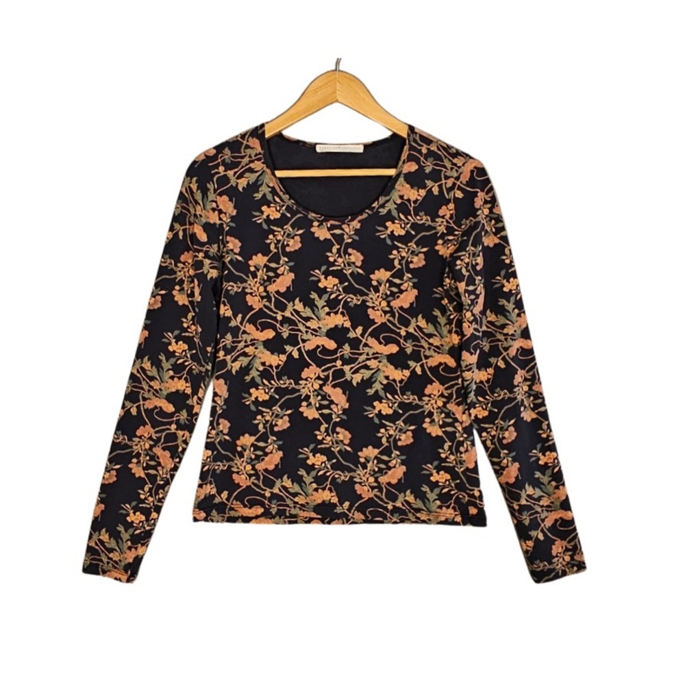 Peruvian Connection Womens M Dark Floral Tee Cotton Stretch Scoop Neck Top